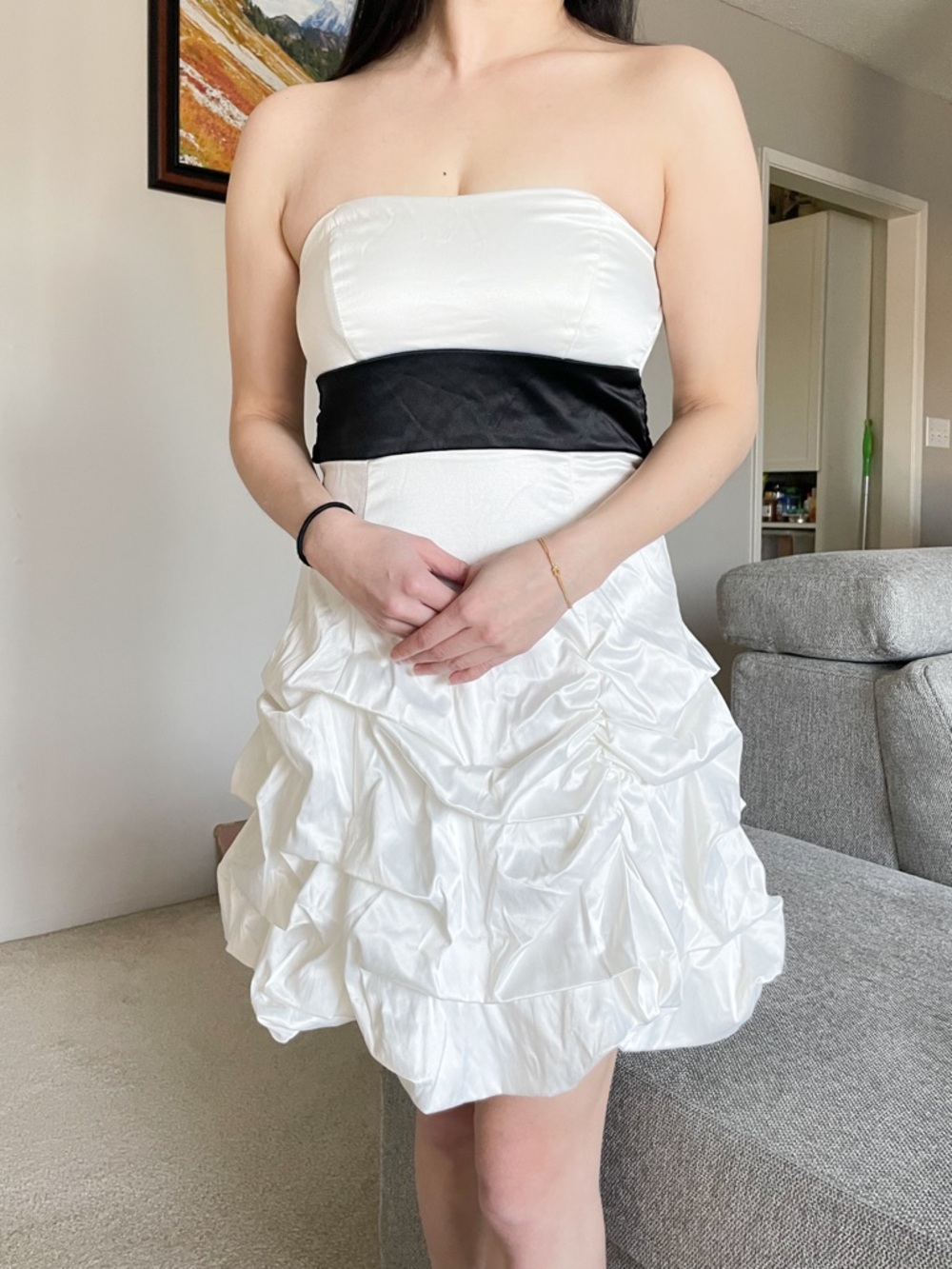 Strapless White Party Dress with Black Waistband